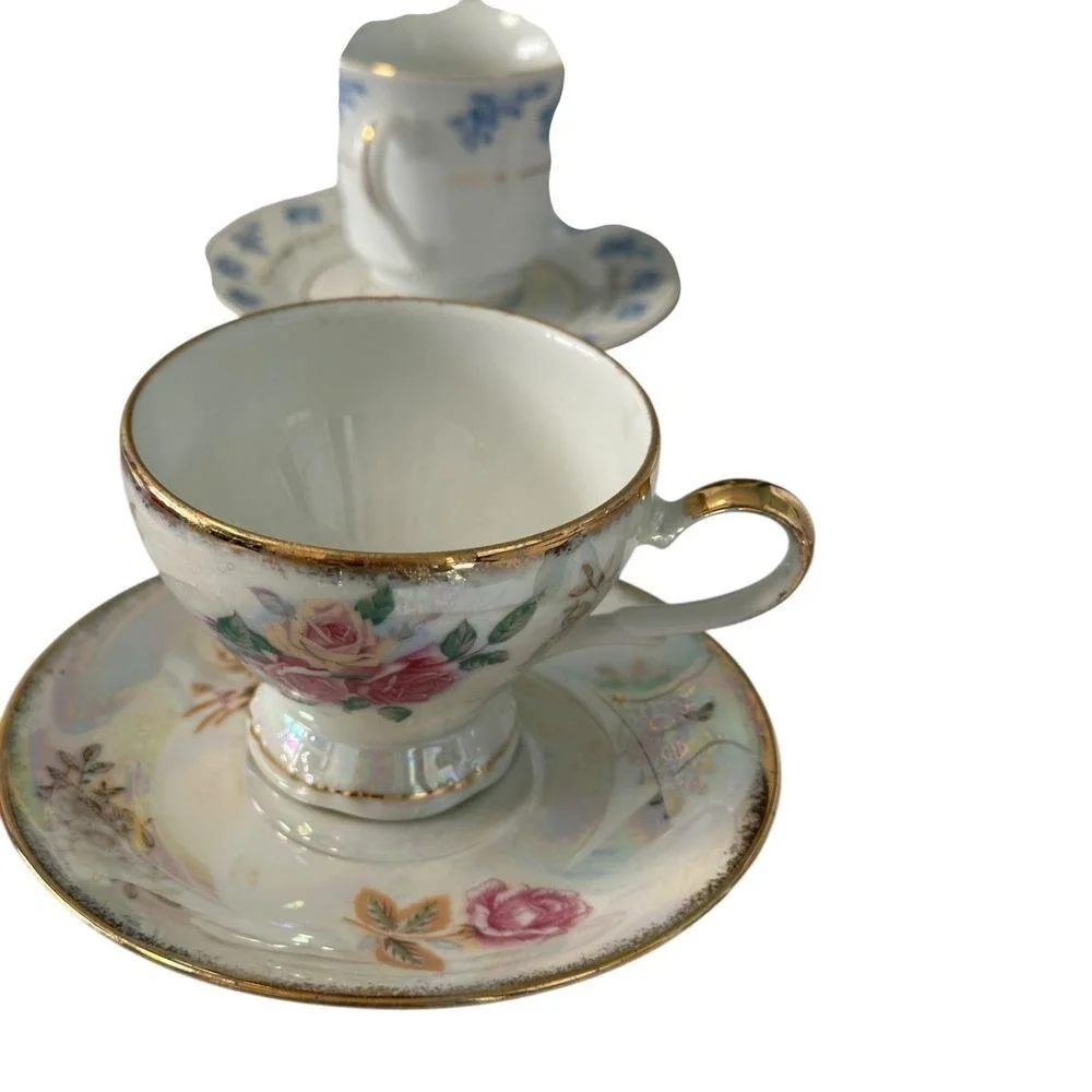 Choice Imports Vintage Floral Teacup and Saucer Set Gold Trim Iridescent‎ Rose